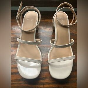 Nude patent leather ankle strap block heels